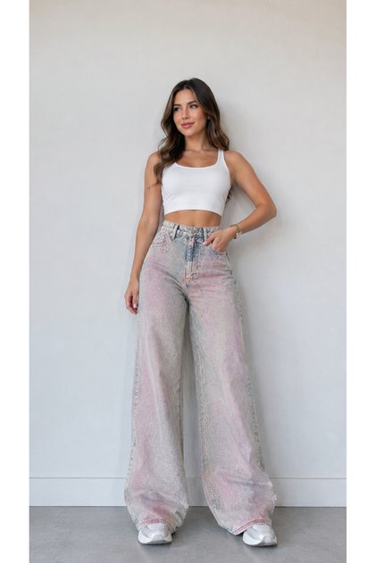 Premium Orijinal Markalı Varaklı Yüksek Bel Wide Leg Yıkamalı Denim Jeans Pantolon Taş Detaylı