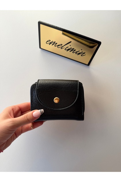 Black Mini Accordion Women's Wallet with Card Holder | Zippered Multi-Compartment Snap Fastener