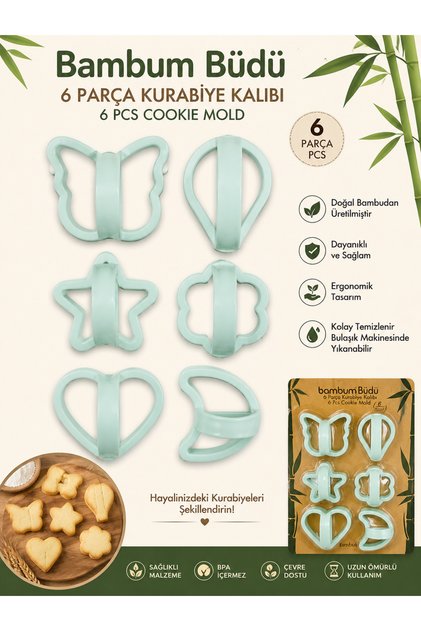 Bambum Büdü 6 Piece Cookie Mold Set | Butterfly Heart Star Balloon Flower Moon Shaped Cookie and Dough Molds