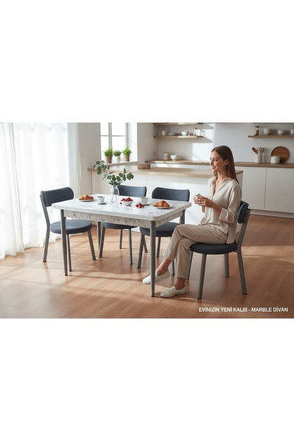 AKSESUAR T-8015 CARARA MDF MASA 70X120 TEDDY ANTRASİT SANDALYE 4 KİŞİLİK MUTFAK MASA TAKIMI