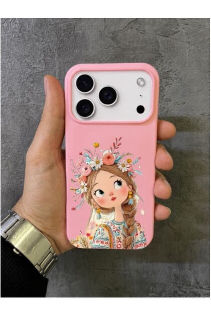 iPhone 17 Pro Max Compatible Pink Case with Flower Crown and Braided Hair Girl Pattern