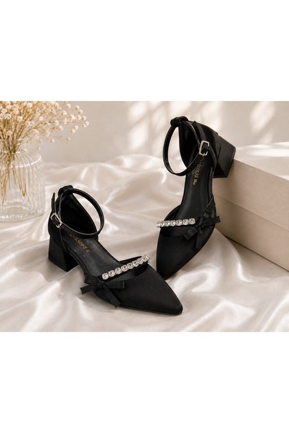 Elsa Stone Stripe and Bow Detailed Satin Ankle Strap Women's Heeled Shoes