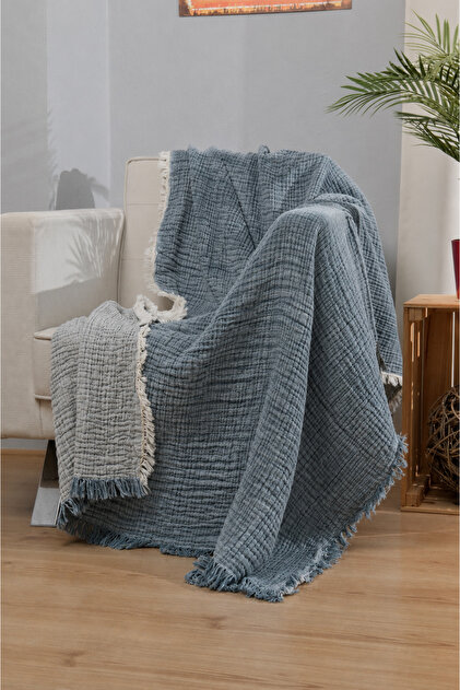 Muslin 4 Layer Sofa Shawl Tv Blanket 130 X 200 cm Double Color Anthracite Gray
