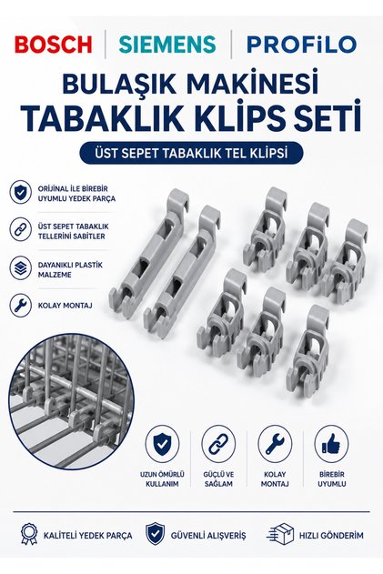 BOSCH - SIEMENS - PROFİLO UYUMLU BULAŞIK MAKİNESİ ÜST SEPET TEL KLİPSİ (8'Lİ SET)