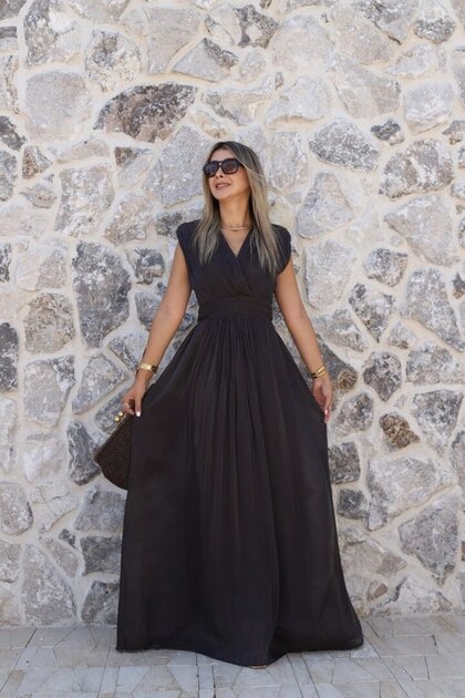 Brown Double-Breasted Collar Pleated Evening Dress