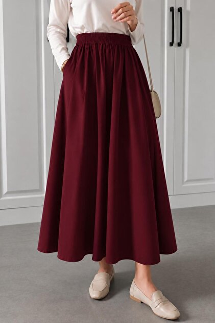 Women's Black Elastic Waist Pocketed Scuba Crepe Lycra High Waist Long Flared Skirt