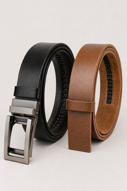 Set of 2 Genuine Buffalo Leather Belts with Automatic Buckle and No Holes for Men - Black-Light Brown