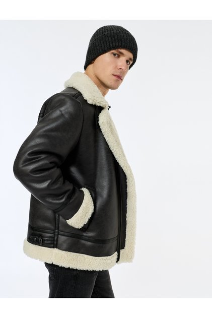 Slim Fit Plush Collar Faux Suede Jacket with Flap Pockets and Snap Button Detail