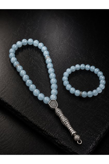 8mm Aquamarine Natural Stone Prayer Beads and Bracelet Set Medium Size Men's Premium Design