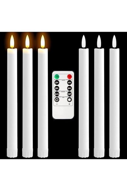 6 قطع شموع بيضاء كهربائية بطول 10 بوصات، شموع LED ثلاثية الأبعاد بدون لهب، شموع بيضاء رفيعة مع إضاءة