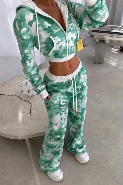 Culture Gray Hooded Camouflage Pattern Zippered Kangaroo Pocket Embroidered Premium Lace-Up Loose Tracksuit Set