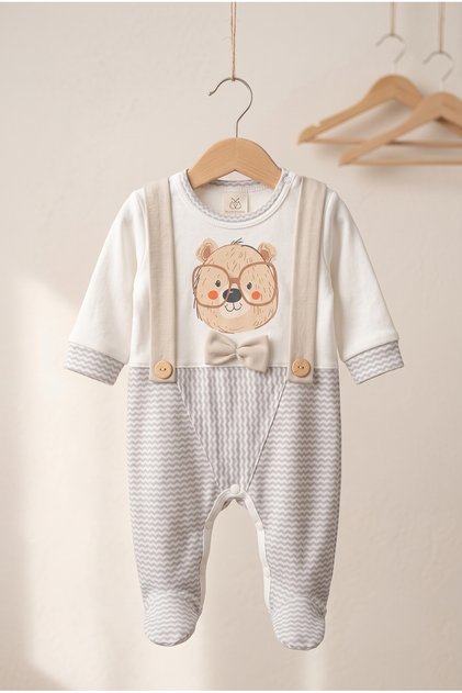 Bear Patterned Baby Romper with Glasses 3-6-9 Months 100% Cotton