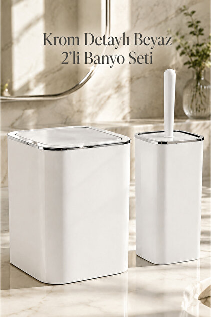 HGY Home 2'li Krom Detaylı Banyo Seti - Çöp Kovası ve WC Fırçalık Seti - Kare Kırık Beyaz
