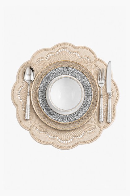 Embroidered Leather American Service Set of 2 Double-Sided Round Plate Enzo 43X43 cm Beige