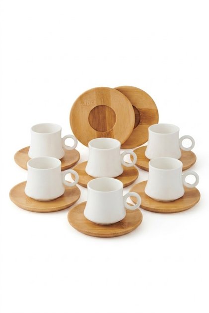 Bambu Tabaklı Porselen Fincan 6'lı Set