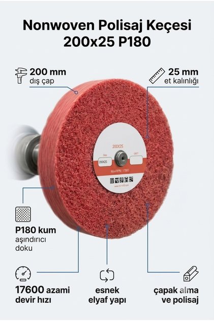 200x25 mm P180 Polisaj Keçesi Çapak Alma ve Metal Yüzey Parlatma Diski 1 Adet