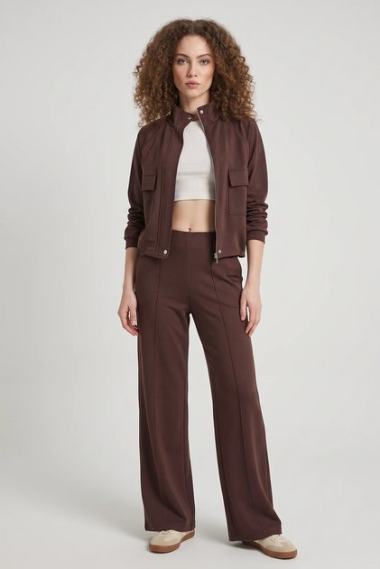 Women's Brown Suit with Double Pocket Detail, Zippered Elastic Waist Jacket and Loose Trousers