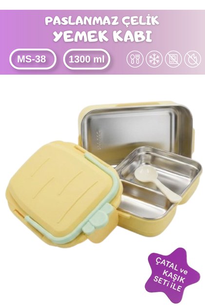 Paslanmaz Çelik İki Katlı İlk ve Orta Okul Piknik Çatal Kaşık Setli Yemek ve Beslenme Kabı 1300 ml