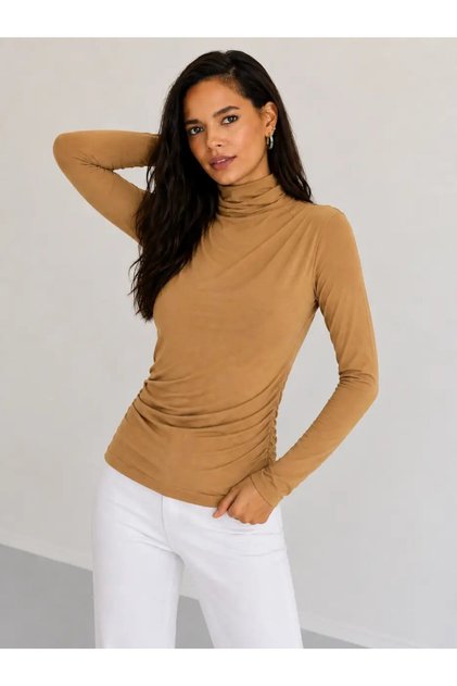 Women's Camel Draped High Neck Long Sleeve Flexible Fit Blouse