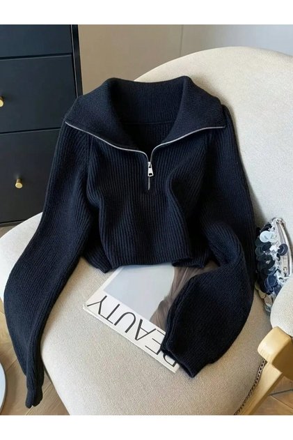 Pulover tricotat oversize pentru femei, cu guler răsucit, cu fermoar, model Selanik