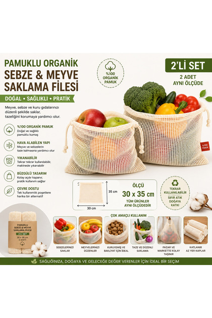 Fruit and Vegetable Net Set of 2 – 30 X 35 cm Drawstring Washable Storage Pouch Organic Cotton