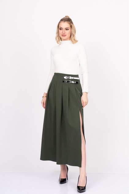 Women's Winter Khaki Elegancebelt Slit Skirt – Premium Pleated & Slit Skirt 6829
