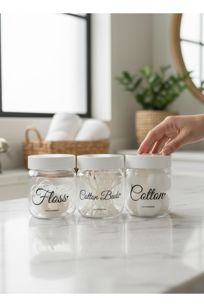 3-Pack 210ml Glass Cotton Swabs Dental Floss Makeup Cotton Swabs Glass Jar Organized Bathroom Set