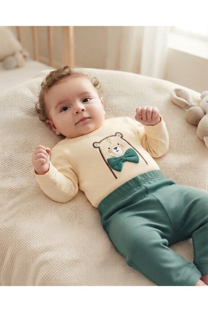 Baby Boy Set with Bow Tie and Teddy Bear Embroidery, 2-Piece Sweatshirt Set for 3-6-9-12 Months