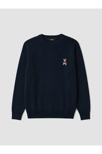 Ozmarka New Season Navy Blue Crew Neck Embroidered Men's Knitwear Sweater