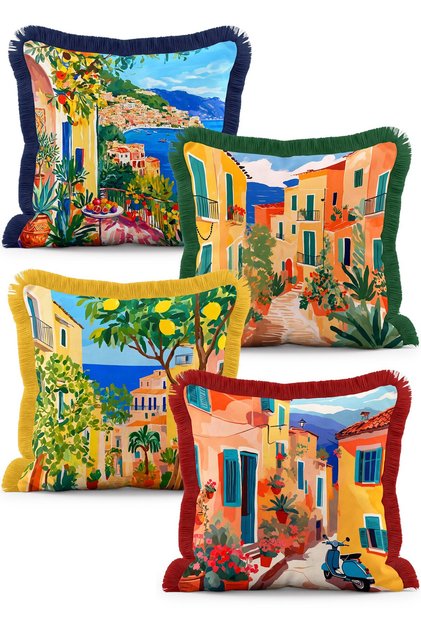 Amalfi Coast and Vespa Themed Italian Streets Set of 4 Fringed Throw Pillow Covers