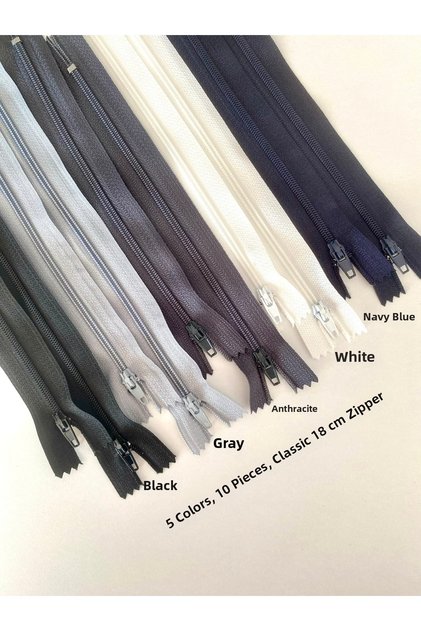 10 Pieces of 5 Dark, Primary Colors 18 cm Quality Zipper Set for Bags, Wallets, Pants, Hobby Projects