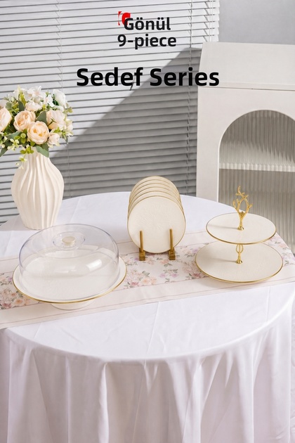Patterned 9-Piece Cake, Pastry, Dessert Presentation Set – Gold Gilded Detailed Presentation Set