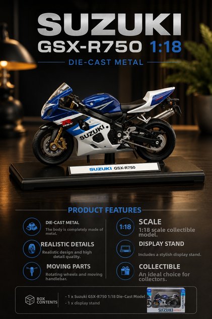 1:18 Suzuki Gsx-R750 Die-Cast Metal Model Motorcycle with Stand Collectible Toy Motor Licensed