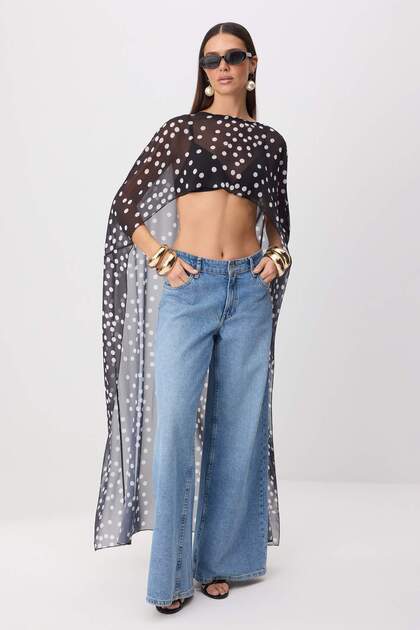 Black Polka Dot Woven Cape Blouse Tprss26Bz00087