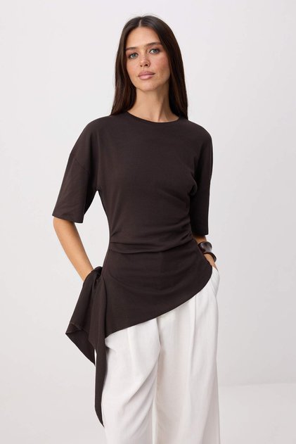 Brown Fitted/Fitted Short Sleeve Gathered Long Cotton Stretch Knitted T-Shirt Twoss26Ts00307
