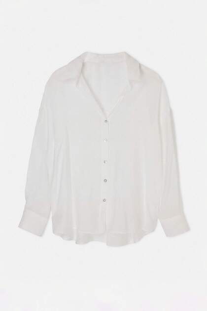 White V-Neck Fine Textured Oversize Summer Shirt Tdrss26Go00113