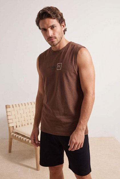Kahverengi Regular Slogan Baskılı Atlet Şort Örme Pijama Takımı TMNSS26PT00045