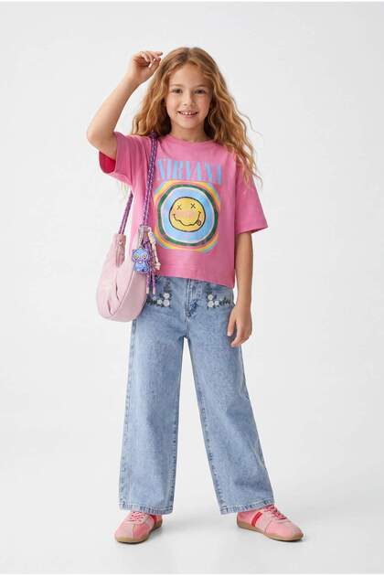 Ice Blue Girls' Wide Leg Jeans with Floral Embroidery Tkdaw25Pl00001