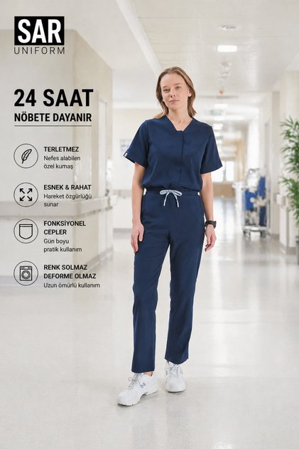 Navy Blue Lycra Women's Scrubs Set Nurse Doctor Uniform with Hidden Pockets