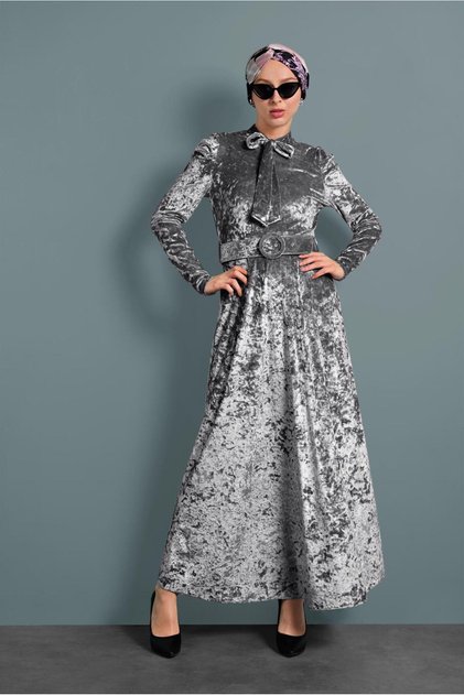Lace-Up Collar Velvet Dress 40380