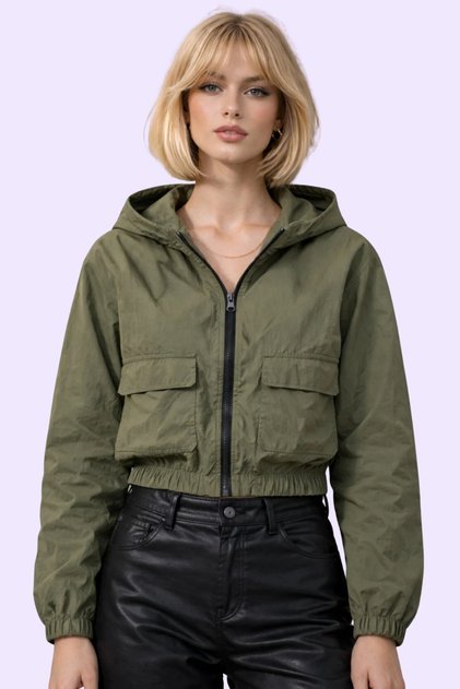 Women's Khaki Waterproof Windproof Crinkle Fabric Hooded Raincoat - Windbreaker
