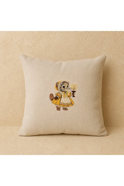 Vintage Cat Embroidered Cotton-Linen Throw Pillow Cover – Natural Textured (45X45 cm) Natural