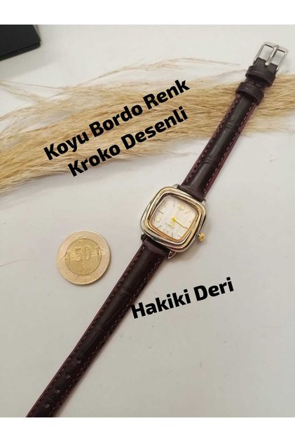 Minimal Vintage Genuine Leather, Burgundy Color Strap, Women's Wristwatch, Gold Color Case