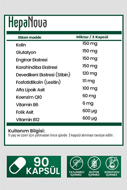 HepaNova Hepa Nova Pro (Silicon, Colin, Sodium Chloride, Glutathione,  Enginar, Glutathione, Coenzyme Q10) 90 Capsules- Trendyol