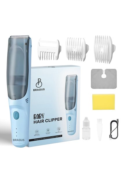 Aparat de Tuns pentru Bebelusi, Copii si Adulti, BRAGUS, 600mAh, 2 Trepte de Viteza, 2 Motoare Silentioase, Functie de Aspirare a Parului, Rezistent la Apa IPX7, USB, 3 Piepteni Inclusi, albastru