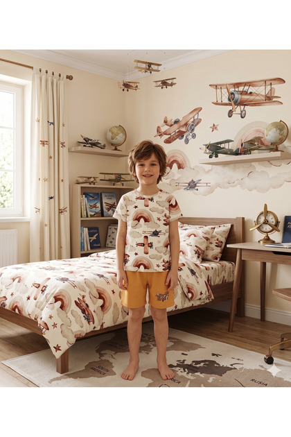 Boy's 100% Cotton Airplane Cloud Patterned Short Sleeve Shorts Summer Pajamas Set