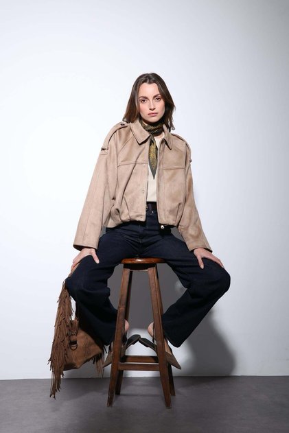 Stone Suede Look Bomber Women's Coat