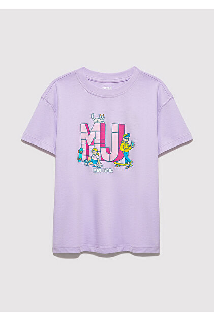 Mavi MJ Logo Baskılı Mor Tişört Loose Fit / Bol Rahat Kesim