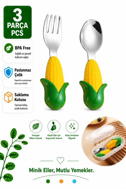 Premium Children's Bpa-Free Silicone Handle Stainless Steel Tip Fork-Spoon Storage Box with Corn Figure Design 9+ Months