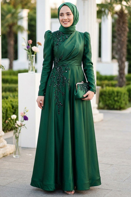 emerald green abaya dress Neva Style Beaded Satin Hijab Evening 22460Zy Long Sleeve Open Back royal gala dress Embroidered abaya making it a comfortable Color:Summer Green